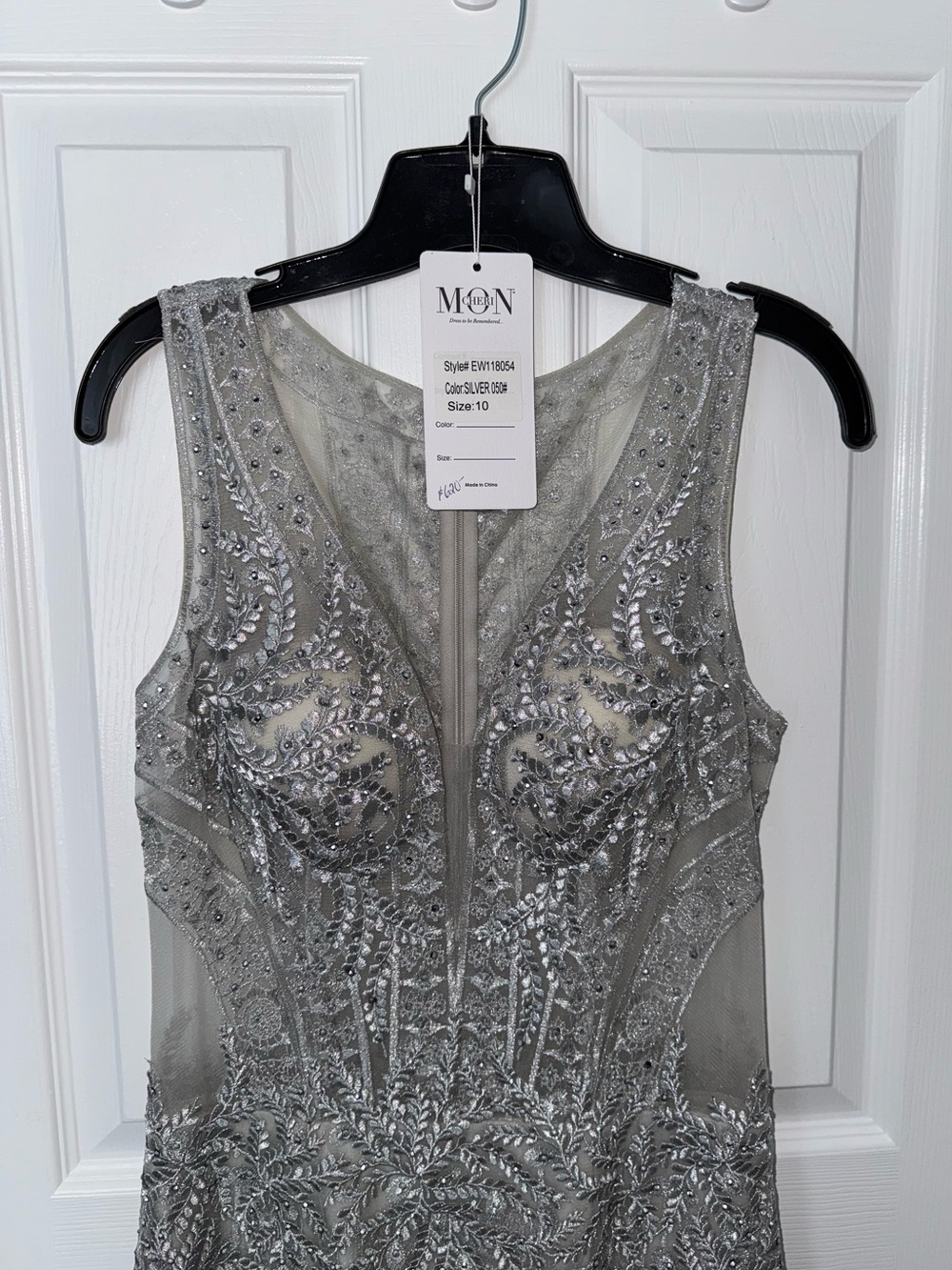 Ellie Wilde Silver Beaded Evening Gown